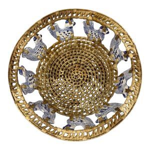 Round Wicker Basket with Ceramic Chickens 9" Wide